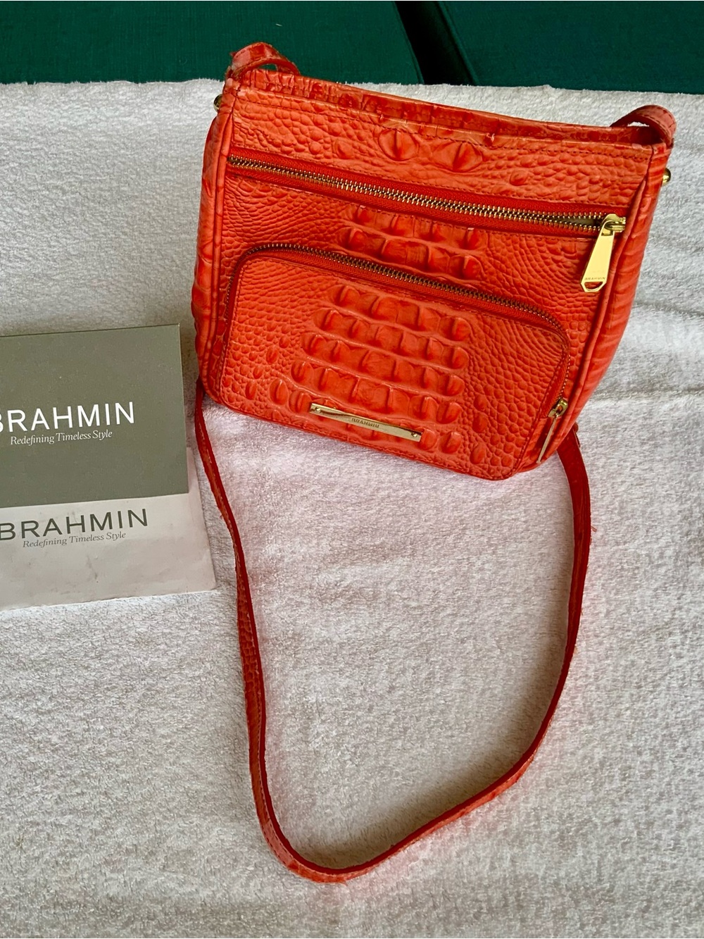 Brahmin Croc-Embossed Orange Crossbody with Gold Hardware